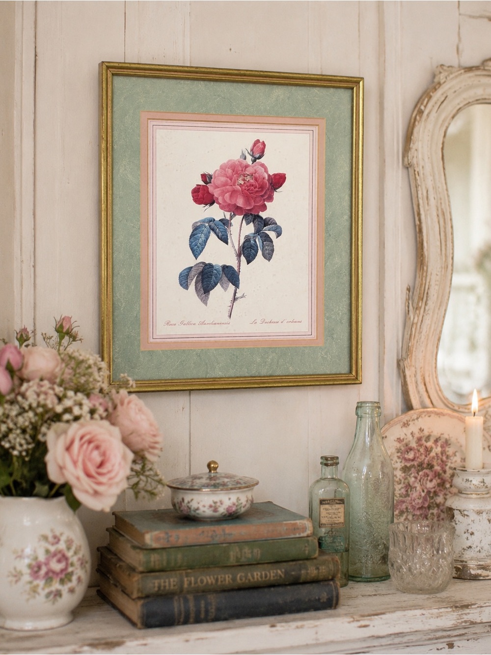 Vintage Botanical Rose Floral Print Wall Art Framed Cottagecore Shabby Chic Deco